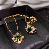 Retro Style Inlaid Lace Carved Necklace Imitation Emerald Plated 18k Gold Copper Ring main image 3