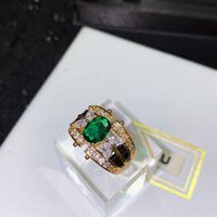 Retro Style Inlaid Lace Carved Necklace Imitation Emerald Plated 18k Gold Copper Ring sku image 2