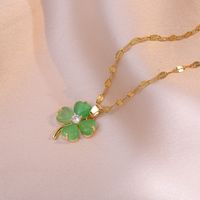 Fashion Four Leaf Clover Titanium Steel Inlay Opal Necklace sku image 8