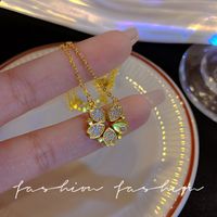 Fashion Four Leaf Clover Heart Shape Titanium Steel Rhinestone Necklace sku image 9