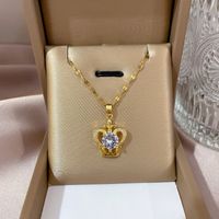 Simple Style Bear Heart Shape Crown Titanium Steel Copper Inlay Rhinestones Pendant Necklace sku image 20