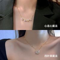 Fashion Four Leaf Clover Heart Shape Stainless Steel Flowers Inlay Zircon Necklace main image 5
