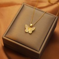 Fashion Heart Shape Butterfly Titanium Steel Plating Inlay Artificial Diamond Pendant Necklace 1 Piece sku image 23