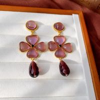 1 Pair Retro Square Heart Shape Flower Inlay Copper Artificial Pearls Resin Earrings main image 3