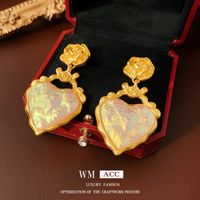 1 Pair Retro Square Heart Shape Flower Inlay Copper Artificial Pearls Resin Earrings sku image 1