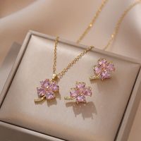 Casual Simple Style Four Leaf Clover Heart Shape Titanium Steel Inlay Zircon Earrings Necklace main image 4