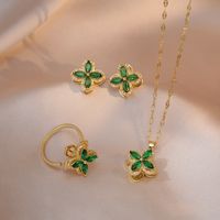 Elegant Four Leaf Clover Titanium Steel Copper Inlay Zircon Rings Earrings Necklace main image 1