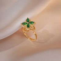 Elegant Four Leaf Clover Titanium Steel Copper Inlay Zircon Rings Earrings Necklace sku image 1