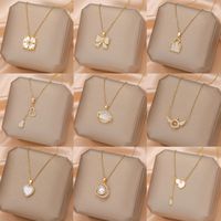 Formal Sweet Heart Shape Bow Knot Fish Bone Titanium Steel Plating Hollow Out Inlay Opal Shell Zircon Pendant Necklace main image 1