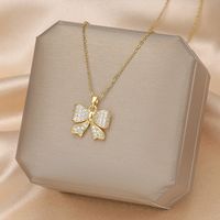 Formal Sweet Heart Shape Bow Knot Fish Bone Titanium Steel Plating Hollow Out Inlay Opal Shell Zircon Pendant Necklace sku image 14