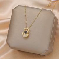 Formal Sweet Heart Shape Bow Knot Fish Bone Titanium Steel Plating Hollow Out Inlay Opal Shell Zircon Pendant Necklace sku image 10