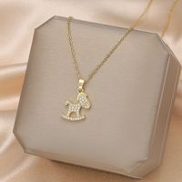Formal Sweet Heart Shape Bow Knot Fish Bone Titanium Steel Plating Hollow Out Inlay Opal Shell Zircon Pendant Necklace sku image 26