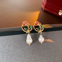 1 Pair Retro Flower Copper Enamel Inlay Artificial Pearls Rhinestones Earrings main image 4