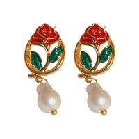 1 Pair Retro Flower Copper Enamel Inlay Artificial Pearls Rhinestones Earrings main image 6