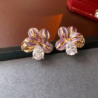 1 Pair Retro Flower Copper Enamel Inlay Artificial Pearls Rhinestones Earrings sku image 18