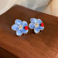 1 Pair Retro Flower Copper Enamel Inlay Artificial Pearls Rhinestones Earrings sku image 3