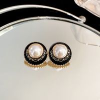 1 Pair Retro Round Color Block Heart Shape Copper Enamel Plating Inlay Artificial Pearls Drop Earrings sku image 1