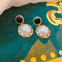 1 Pair Retro Round Color Block Heart Shape Copper Enamel Plating Inlay Artificial Pearls Drop Earrings sku image 4