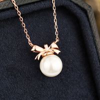 Sterling Silver Rose Gold Plated Elegant Inlay Bow Knot Pearl Pendant Necklace main image 9