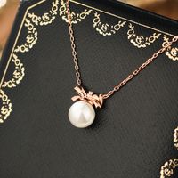 Sterling Silver Rose Gold Plated Elegant Inlay Bow Knot Pearl Pendant Necklace main image 5