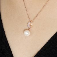 Sterling Silver Rose Gold Plated Elegant Simple Style Inlay Moon Pearl Pendant Necklace main image 6