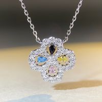 Modern Style Four Leaf Clover Sterling Silver Inlay Artificial Gemstones Pendant Necklace sku image 7
