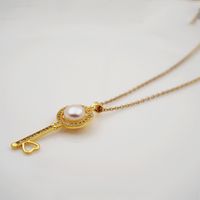 304 Stainless Steel Titanium Steel Copper Gold Plated Casual Sweet Simple Style Handmade Inlay Key Rhinestones Freshwater Pearl Pendant Necklace main image 5