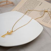 304 Stainless Steel Titanium Steel Copper Gold Plated Casual Sweet Simple Style Handmade Inlay Key Rhinestones Freshwater Pearl Pendant Necklace main image 7