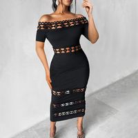 Women's Sheath Dress Sexy Boat Neck Lace Short Sleeve Solid Color Maxi Long Dress Holiday Daily Date main image 4