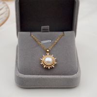 304 Stainless Steel Titanium Steel Copper Gold Plated Simple Style Handmade Inlay Sun Rhinestones Freshwater Pearl Pendant Necklace main image 5