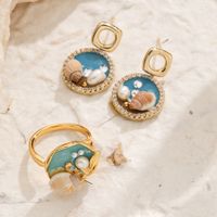 Copper 14K Gold Plated 18K Gold Plated Vacation Beach Enamel Inlay Conch Freshwater Pearl Zircon Rings Earrings main image 4