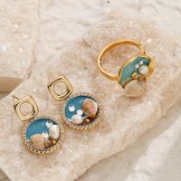 Copper 14K Gold Plated 18K Gold Plated Vacation Beach Enamel Inlay Conch Freshwater Pearl Zircon Rings Earrings main image 3