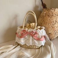 Women's Medium Straw Solid Color Bow Knot Vacation Beach Weave Lace String Straw Bag main image 5