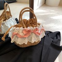 Women's Medium Straw Solid Color Bow Knot Vacation Beach Weave Lace String Straw Bag main image 2