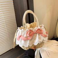 Women's Medium Straw Solid Color Bow Knot Vacation Beach Weave Lace String Straw Bag main image 3