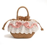 Women's Medium Straw Solid Color Bow Knot Vacation Beach Weave Lace String Straw Bag sku image 1