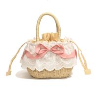 Women's Medium Straw Solid Color Bow Knot Vacation Beach Weave Lace String Straw Bag sku image 2