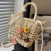 Women's Small Spring&Summer Straw Flower Vacation Beach Weave String Straw Bag sku image 3
