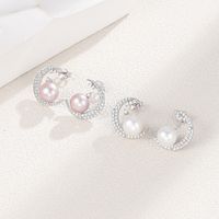 1 Pair Elegant Cute Moon Inlay Sterling Silver Pearl Zircon White Gold Plated Ear Studs main image 3
