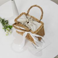 Women's Medium Straw Solid Color Vacation Beach Ribbon Weave Square String Beach Bag main image 5