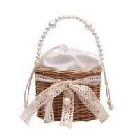 Women's Medium Rattan Bow Knot Elegant Vacation Pearls String Straw Bag sku image 1