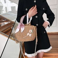 Women's Medium Straw Solid Color Flower Vacation Beach Beading Weave Square String Straw Bag main image 6