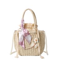 Women's Medium Straw Solid Color Flower Vacation Beach Beading Weave Square String Straw Bag sku image 2