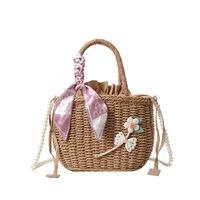 Women's Medium Straw Solid Color Flower Vacation Beach Beading Weave Square String Straw Bag sku image 5