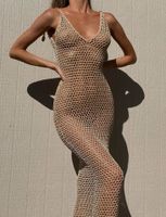 امرأة فستان بحزام جنسي رقبة على شكل V بلا أكمام اللون الصامد فستان طويل ماكسي اليومي شاطئ بحر main image 3