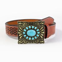Retro Bohemian Solid Color Pu Leather Inlay Turquoise Unisex Leather Belts main image 3