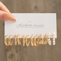 6 Pairs Simple Style Solid Color C Shape Inlay Alloy Pearl Earrings Ear Studs main image 6