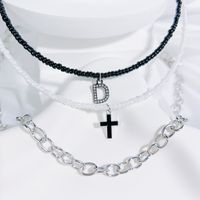 Simple Style Classic Style Cross Letter Seed Bead Copper Alloy Beaded Inlay Artificial Crystal Couple Three Layer Necklace sku image 4
