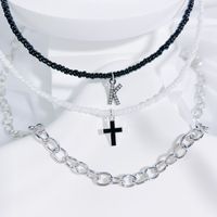 Simple Style Classic Style Cross Letter Seed Bead Copper Alloy Beaded Inlay Artificial Crystal Couple Three Layer Necklace sku image 11