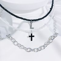 Simple Style Classic Style Cross Letter Seed Bead Copper Alloy Beaded Inlay Artificial Crystal Couple Three Layer Necklace sku image 12